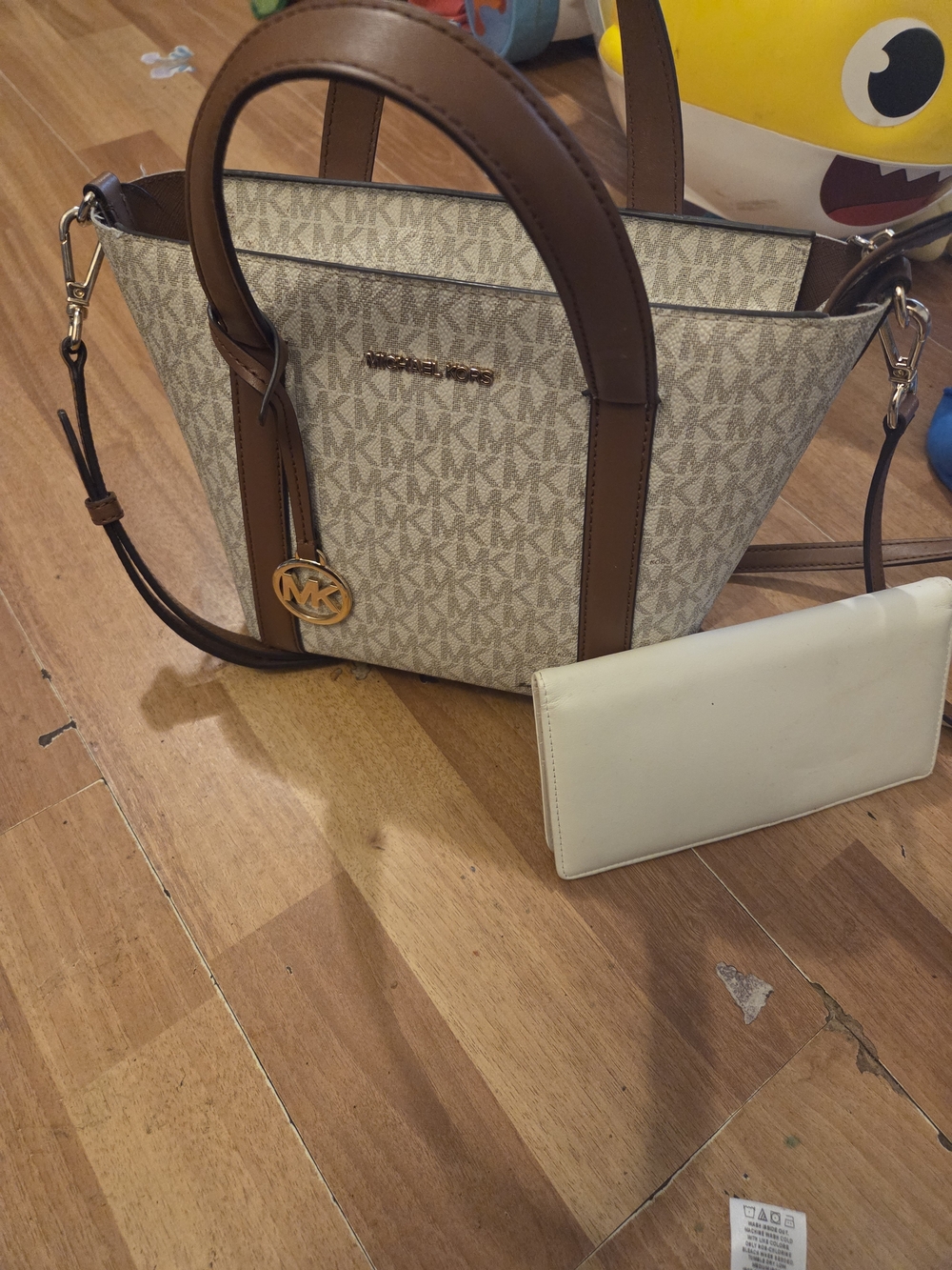 Michael Kors Cream Signature Tote with Brown Trim and Gold Hardware